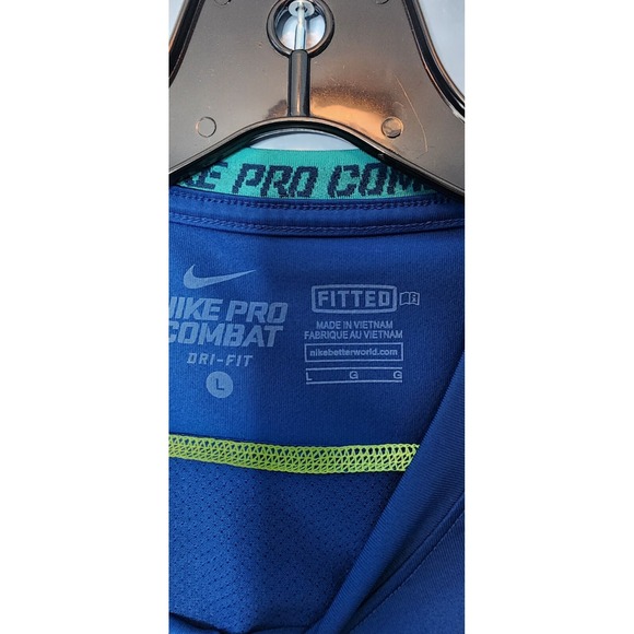 Nike Pro Combat Shirt Dri Fit YOUTH L Long Sleeve Blue Yellow Logo Swoosh Large - Picture 3 of 11